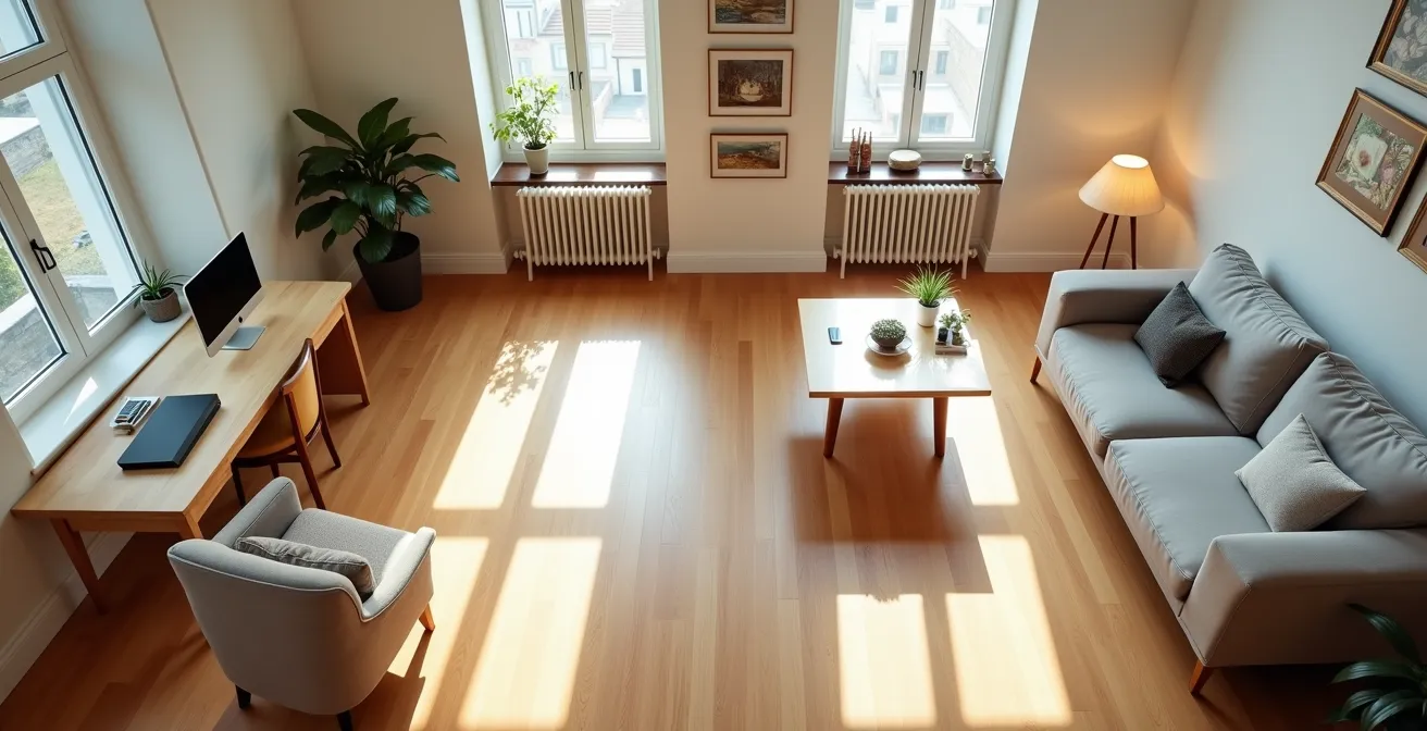 Vue aérienne minimaliste d'un studio optimisé avec zones de vie distinctes