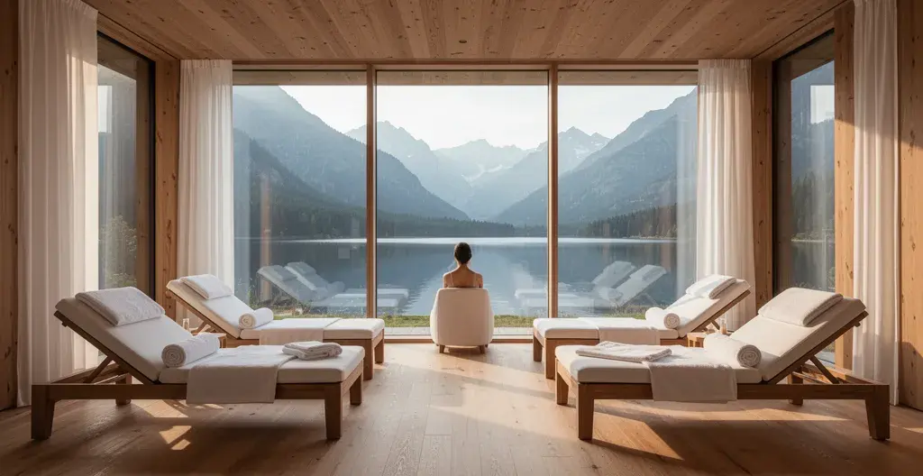 Espace détente d'un spa avec transats face à une baie vitrée donnant sur le lac d'Annecy