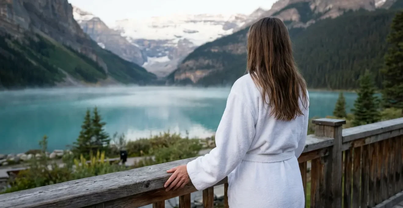 Femme en peignoir contemplant le lac d'Annecy depuis une terrasse spa au lever du soleil