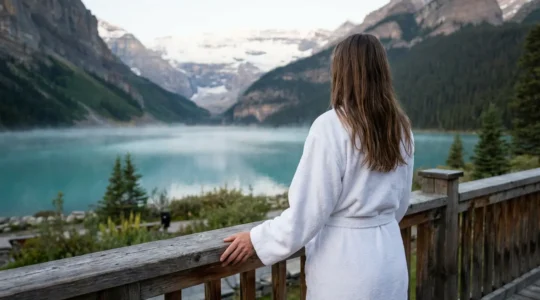 Femme en peignoir contemplant le lac d'Annecy depuis une terrasse spa au lever du soleil