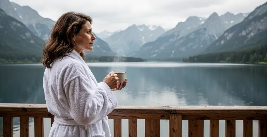 Femme en peignoir contemplant le lac d'Annecy depuis la terrasse d'un spa