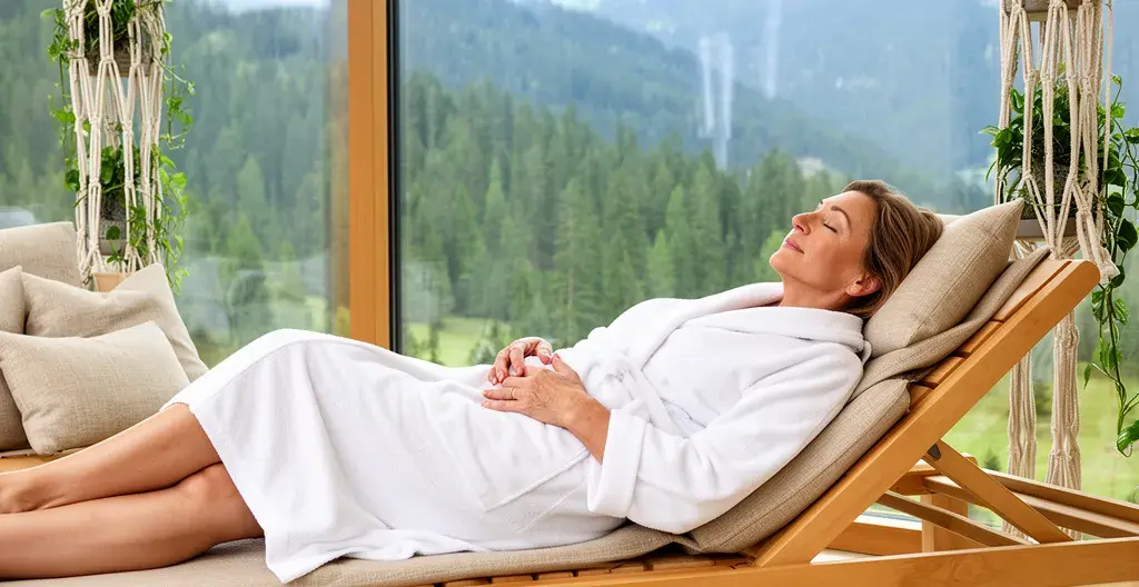 Femme en peignoir relaxant sur chaise longue dans espace détente spa alpin