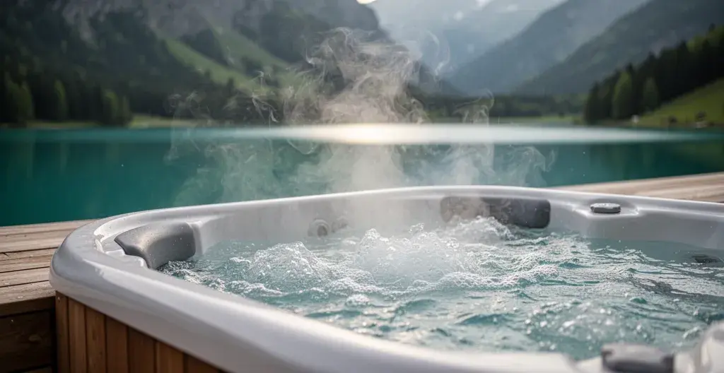 Détail d'un jacuzzi extérieur avec bulles et vue sur le lac d'Annecy en arrière-plan