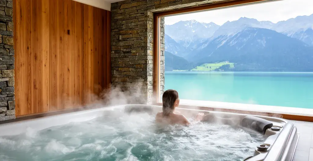 Espace jacuzzi spa avec baie vitrée donnant sur le lac d'Annecy