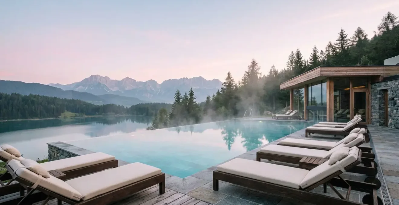 Piscine extérieure d'un spa avec vue panoramique sur le lac d'Annecy et les montagnes alpines