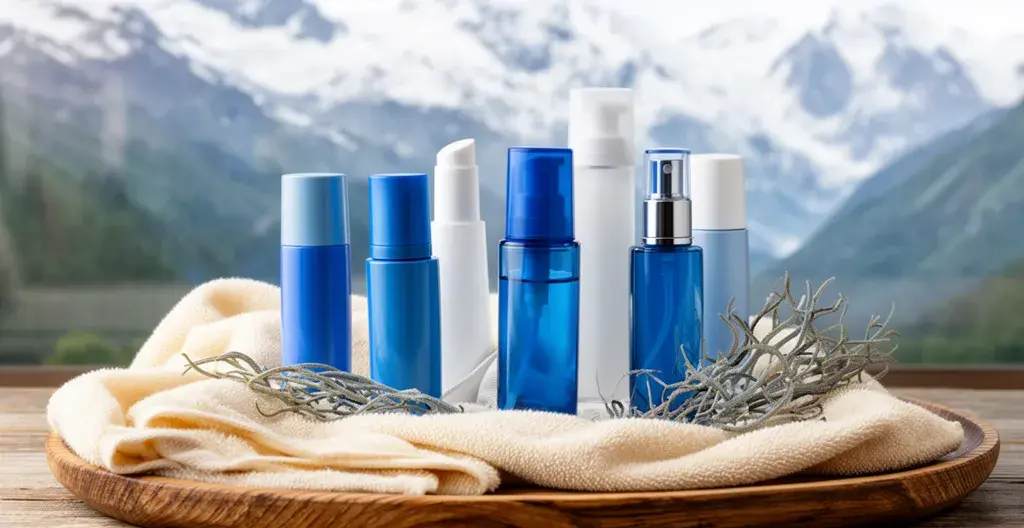 Produits cosmétiques marins disposés sur plateau en bois dans ambiance spa alpine
