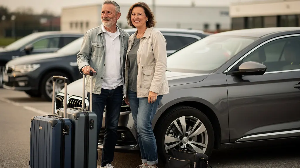 Couple français récupérant leur voiture après voyage parking CDG