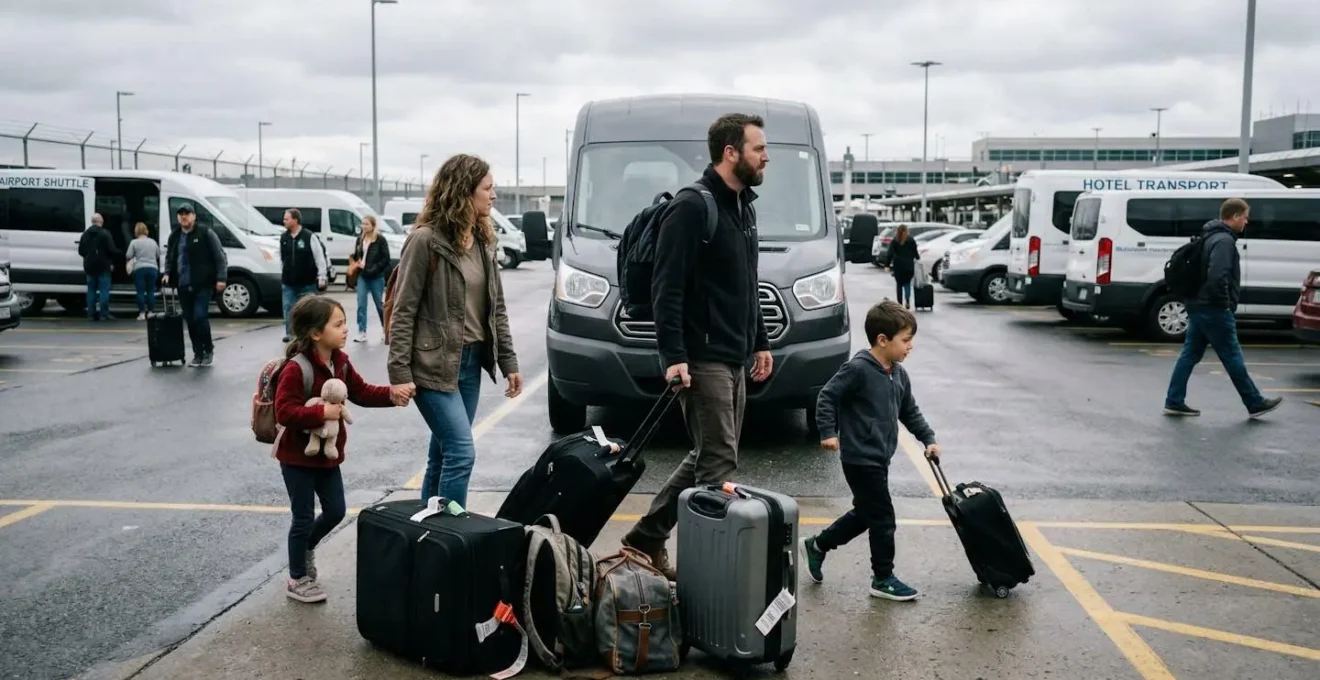 Une famille avec deux enfants et des valises debout près d'un minivan blanc sur un parking, cadrage naturel sans pose