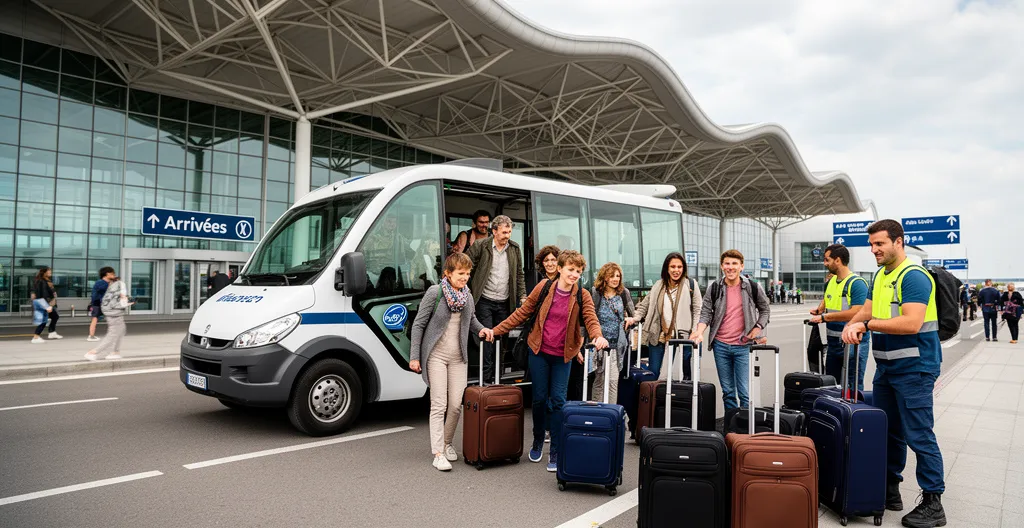 Passagers descendant d'une navette de parking devant un terminal CDG
