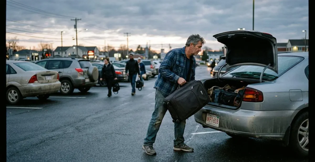 Un homme de dos charge une valise dans le coffre de sa voiture sur un parking extérieur, sous une lumière matinale douce