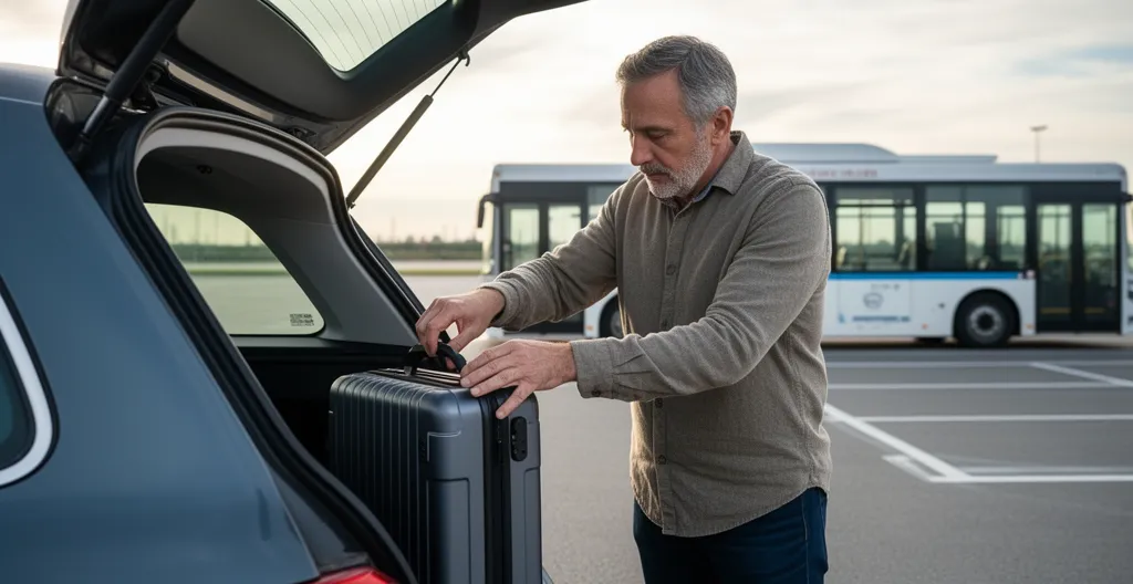 Voyageur chargeant sa valise dans un coffre sur un parking proche aéroport CDG