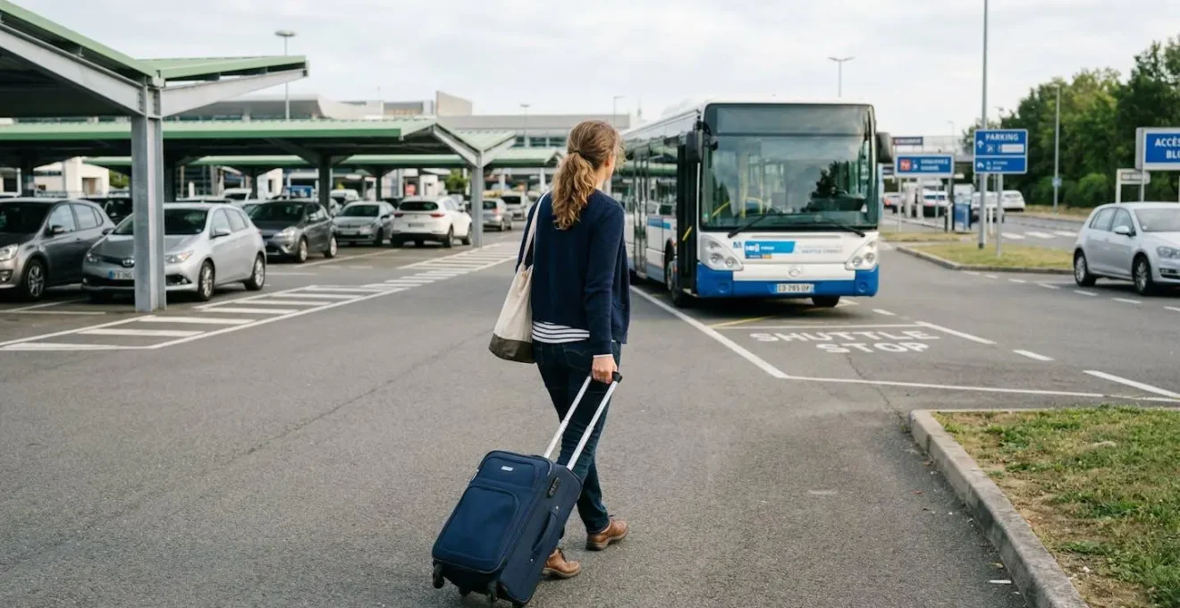 Voyageur avec valise se dirigeant vers une navette de parking aéroport CDG