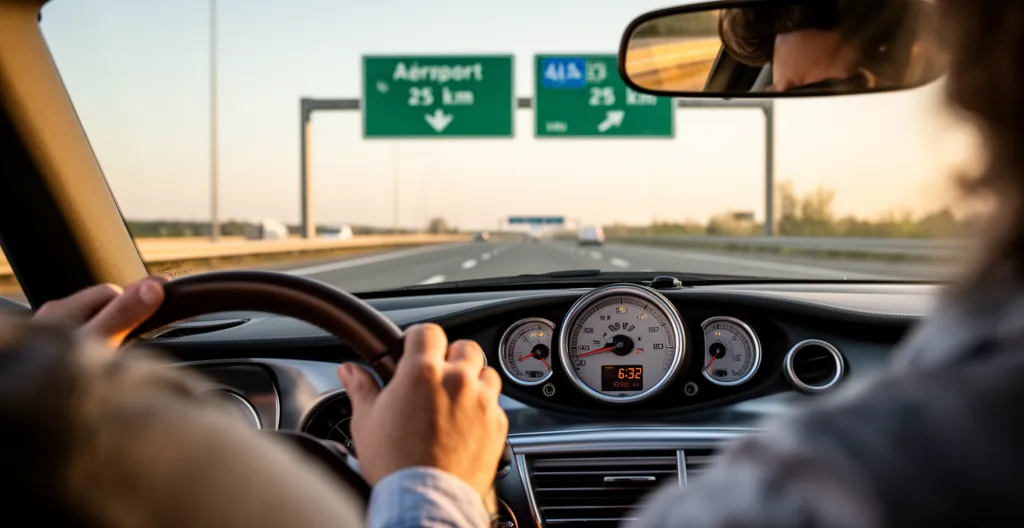 Vue conducteur tableau de bord avec horloge matinale, autoroute vers CDG