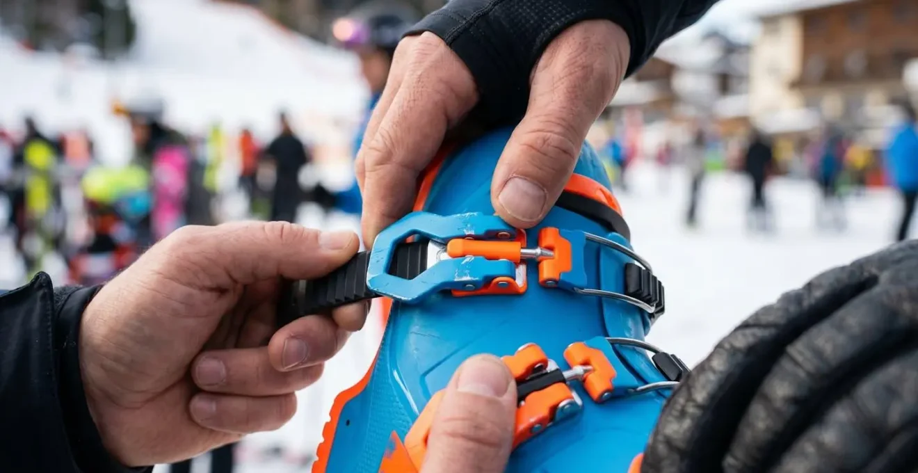 Gros plan sur les mains d'un adulte attachant avec soin les boucles d'une chaussure de ski pour enfant, focus sur les détails du matériel moderne