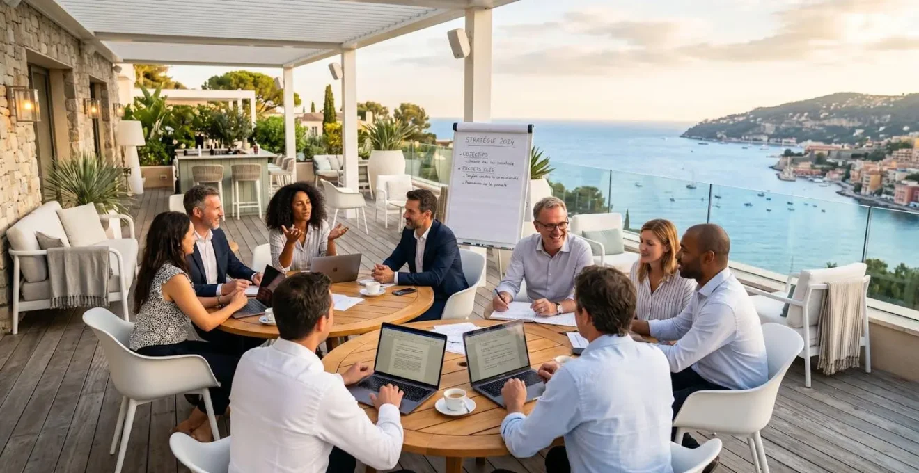 Équipe professionnelle en session brainstorming sur terrasse de resort méditerranéen avec vue mer, tables collaboratives et matériel de travail, lumière dorée de fin d'après-midi