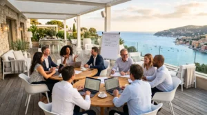 Équipe professionnelle en session brainstorming sur terrasse de resort méditerranéen avec vue mer, tables collaboratives et matériel de travail, lumière dorée de fin d'après-midi