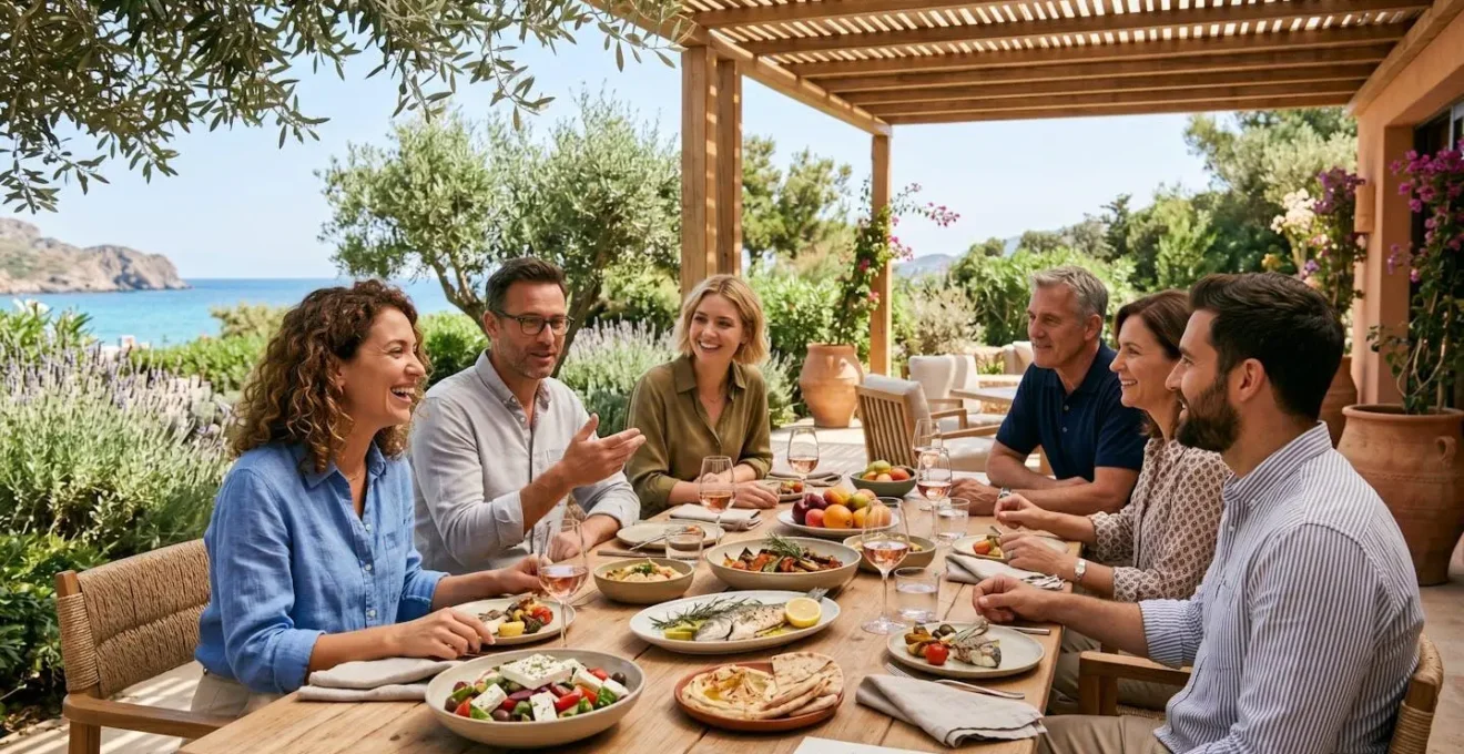 Groupe de collaborateurs partageant déjeuner méditerranéen informel sur terrasse resort entourée de végétation, plats frais sur table, ambiance détendue
