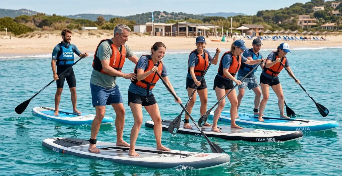 Groupe de collaborateurs pratiquant une activité de stand-up paddle encadrée en eaux calmes méditerranéennes, avec instructeur et matériel sportif professionnel
