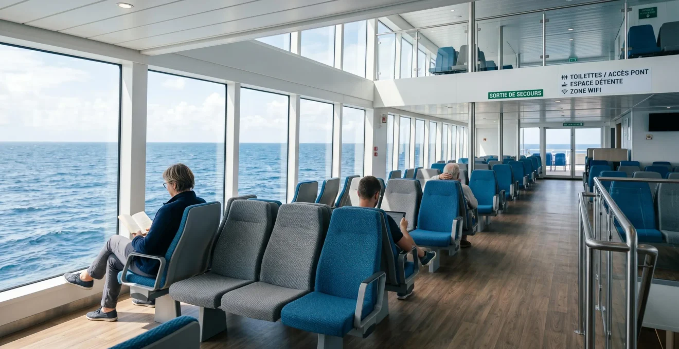 Salon passagers moderne d'un ferry avec sièges confortables, grandes baies vitrées donnant sur la mer, ambiance lumineuse et spacieuse